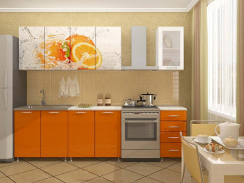 Кухонный гарнитур 1,6м Апельсин (Белый/Оранжевый металлик/Фотопечать апельсин) в Чернореченском - chernorechenskij.mebel54.com | фото